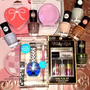 11 PC Manicure Lot: 6 Candy Moyo .44 Fl Oz Nail Polishes, 2 Buffers, Nail Foil